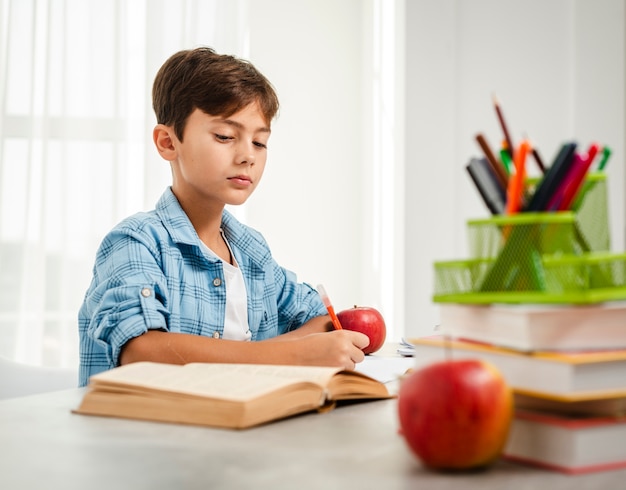 Lage hoekjongen die appel eet terwijl het bestuderen