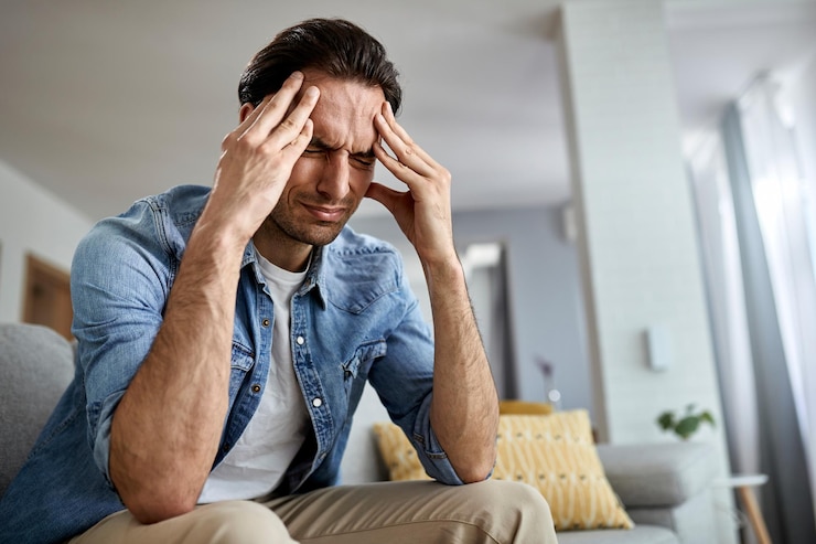 Gratis Foto lage hoekmening van een radeloze man die zijn hoofd in pijn houdt terwijl hij in de woonkamer zit