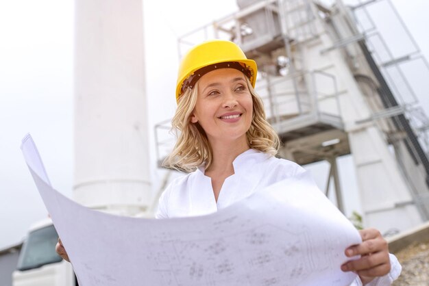 Lage hoekopname van een jonge blanke vrouwelijke ingenieur met een helm op een bouwplaats