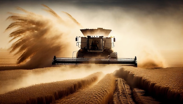 Landbouwmachines die de rijpe tarwe snijden bij zonsondergang generatieve ai