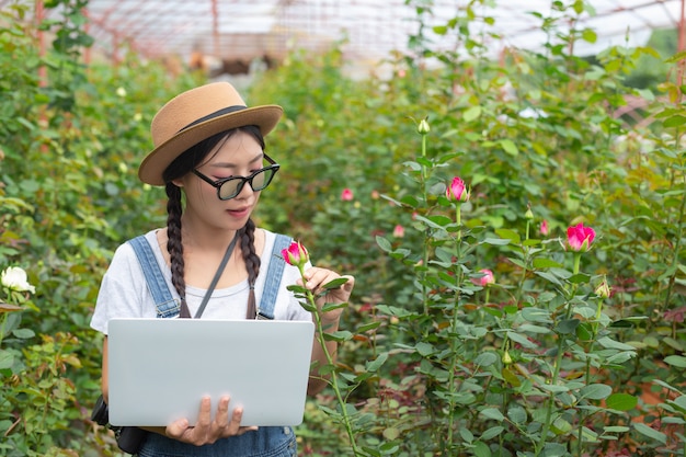 Landbouwvrouw die een tablet in de roze tuin houden.