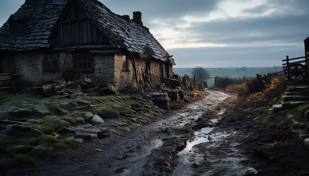 Gratis foto landelijk landschap oude boerderij verlaten hut gebroken dak spookachtig bos gegenereerd door kunstmatige intelligentie