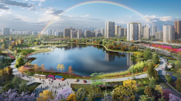 Gratis foto landschap met een kleurrijke regenboog die op de lucht verschijnt