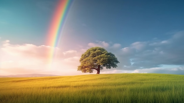 Landschap met groen grasveld en eenzame boom verbazingwekkende regenboog AI gegenereerde afbeelding