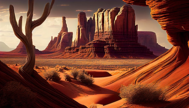 Gratis foto landschap van monument valley bij zonsondergang majestueuze zandsteen generatieve ai