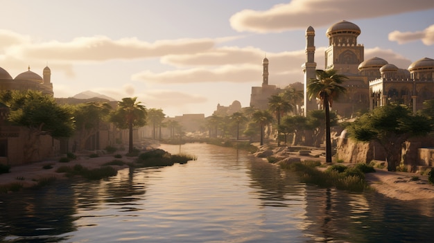 Landschapsscene uit het oude Bagdad geïnspireerd door videogames