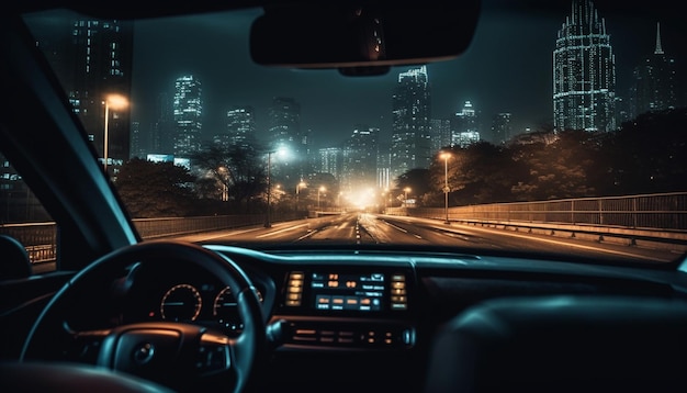 Landvoertuig rijdt door een verlicht stadsbeeld in de schemering, gegenereerd door AI