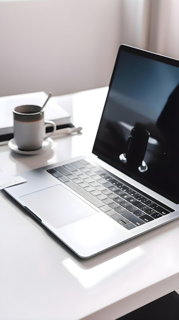 Gratis foto laptop en koffiebeker op de witte tafel op kantoor werkplek