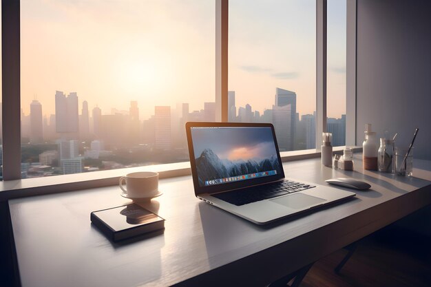 Laptop en koffiekop op een houten tafel met uitzicht op het stadsbeeld in de ochtend