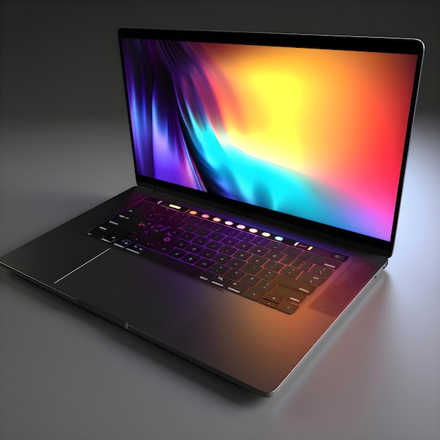 Gratis foto laptop met een kleurrijk scherm op een grijze achtergrond 3d-weergave