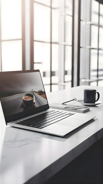 Gratis foto laptop met leeg scherm en koffiekop op tafel in een modern kantoor mock up 3d rendering