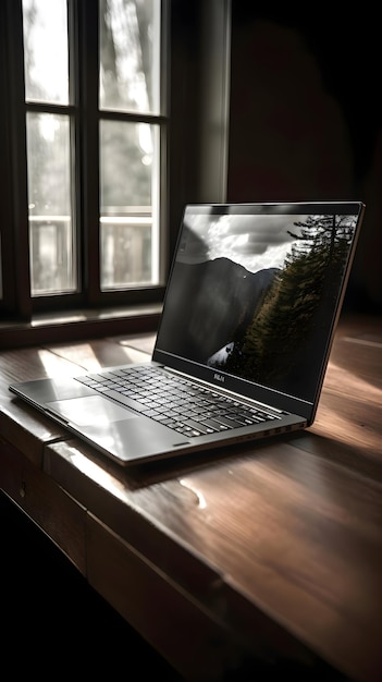 Gratis foto laptop op een houten tafel in een donkere kamer met een raam op de achtergrond