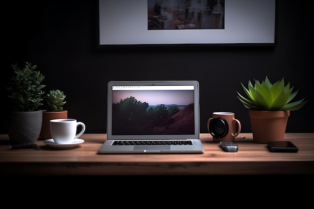 Laptop op een houten tafel in een donkere kamer met plantaardige koffiebeker en andere voorwerpen