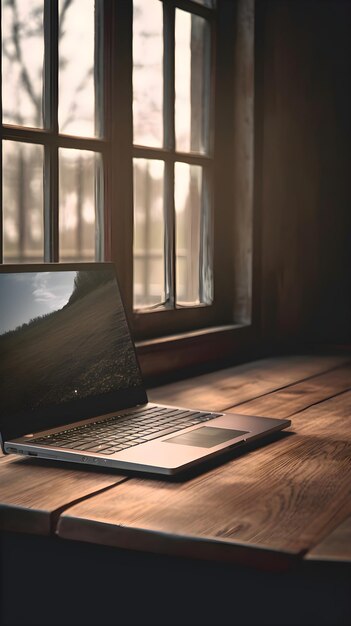 Gratis foto laptop op een houten tafel voor een raam bij zonsondergang