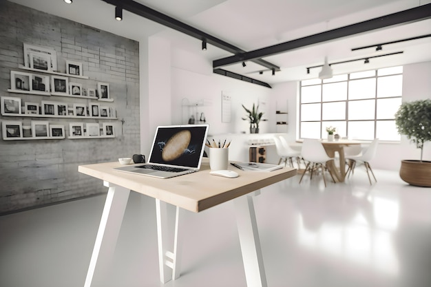 Gratis foto laptop op tafel in modern kantoorinterieur werkplekconcept 3d-rendering