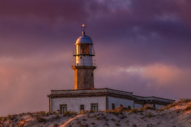 Larino Lighthouse onder een bewolkte hemel tijdens de zonsondergang in de avond in Spanje