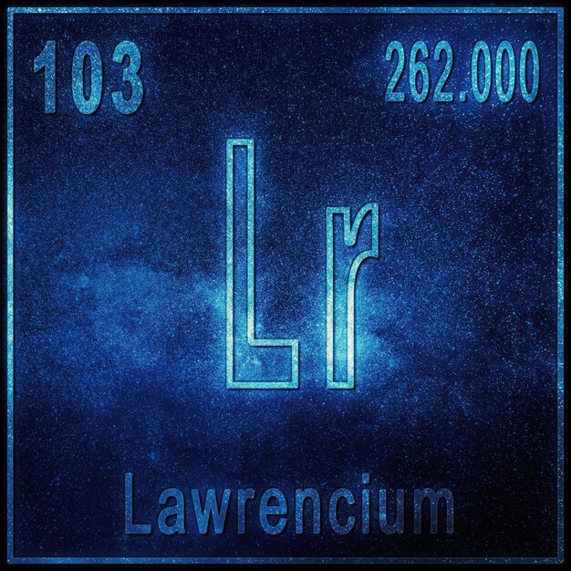 Lawrencium scheikundig element, teken met atoomnummer en atoomgewicht, periodiek systeemelement