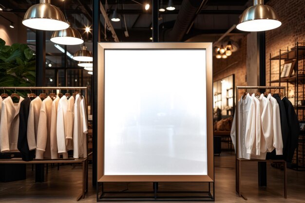 Leeg beeld van reclamebord met gouden frame in elegante kledingwinkel