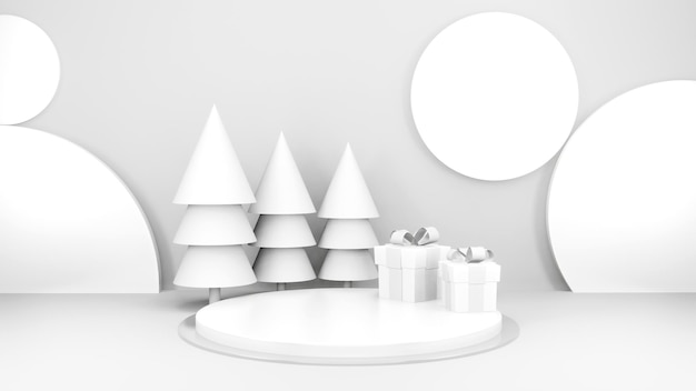 Leeg podium met podium en kerstversiering minimale mockup xmas wintertafereel kerstbomen a