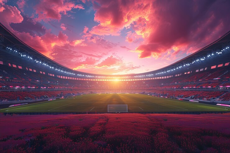 Gratis Foto leeg voetbalstadion met een droomend uitzicht op de hemel.