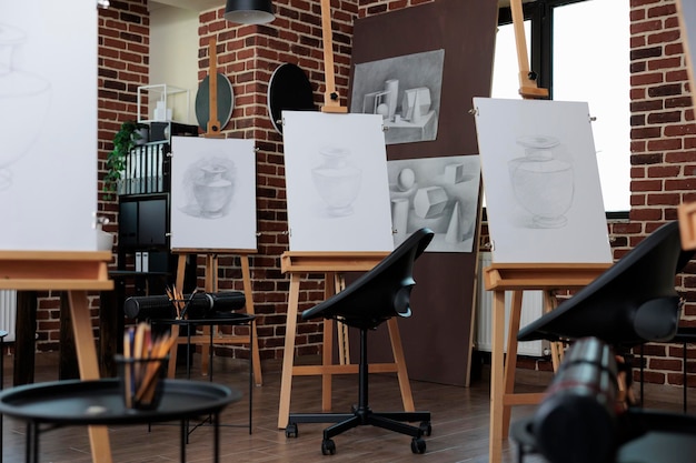 Lege artistieke ruimtestudio met niemand erin klaar voor studenten om tekenles bij te wonen. Schoolklas uitgerust met schilderdoek, professionele tekengereedschappen. Creatief concept