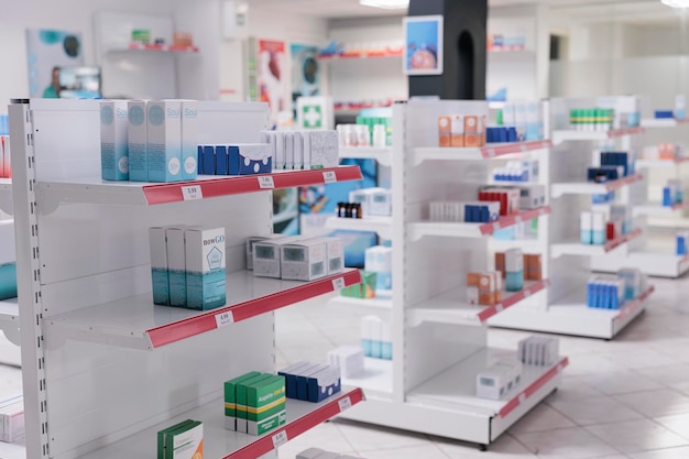 Lege drogisterij met flessen en verpakkingen vol met medicijnen, winkelrekken met farmaceutische producten. Apotheekruimte gevuld met medicijnen en pillen, vitamineboxen.