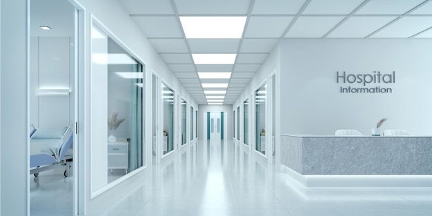 Lege gang in modern ziekenhuis met informatiebalie en ziekenhuisbed in kamers