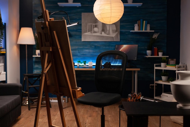 Gratis Foto lege kunststudio met niemand erin is klaar voor tekenles in kunststudio. modern atelier met vaas op stoel voor verbeelding, professionele schetshulpmiddelen op tafel. concept van creativiteit