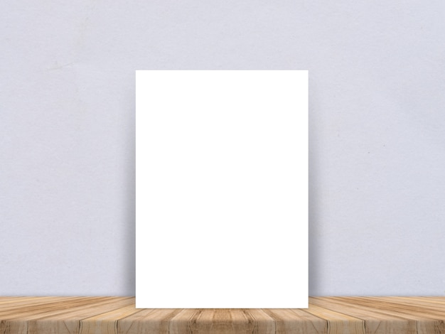 Gratis foto lege witte papieren poster bij tropische plank houten vloer en papiermuur, template mock up om uw inhoud toe te voegen, laat ruimte voor weergave van het product