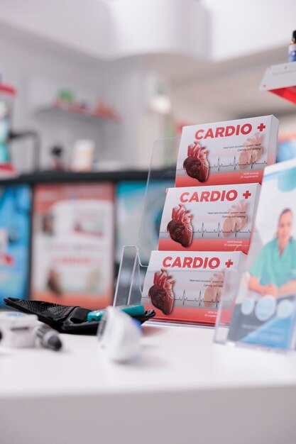 Lege zorginstelling met pakketten cardiologiepillen op tafel wachtend op klanten die een behandeling komen kopen, apotheek gevuld met medische instrumenten. Geneeskunde service ondersteuning en concept