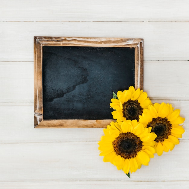 Gratis foto leisteen en drie zonnebloemen