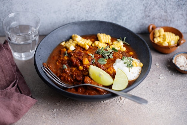 Gratis foto lekkere chili con carne geserveerd in kom op tafel mexicaans eten