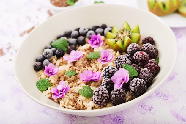 Lekkere en gezonde havermoutpap met fruit, bessen en lijnzaad. Gezond ontbijt. Fitness eten. Goede voeding.