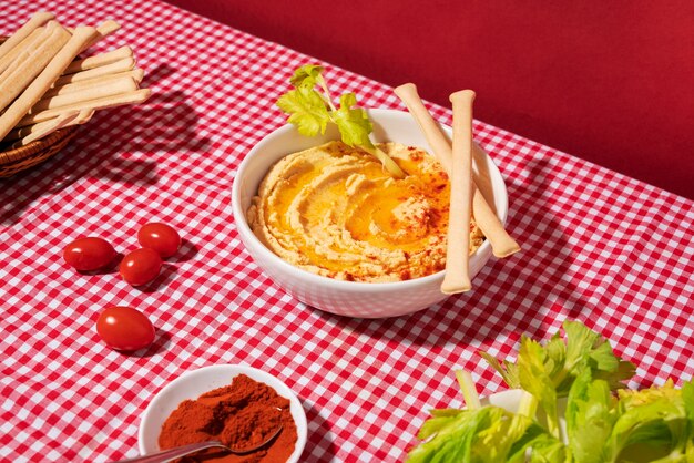 Lekkere hummus en tomaten hoge hoek