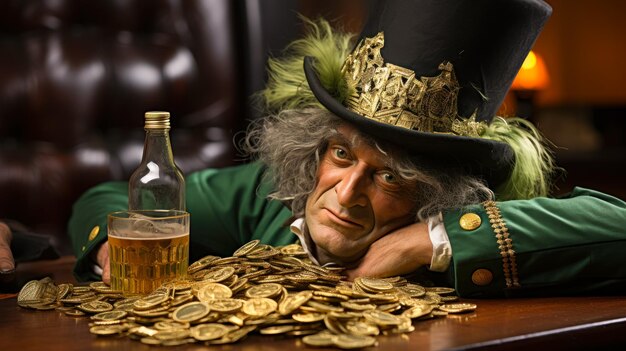 Leprechaun met een glas bier ligt op een bar met een stapel goud St. Patrick's vakantie
