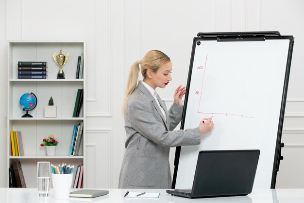 Leraar schattige instructeur in pak in klas met computer en whiteboard die een grafiek tekenen