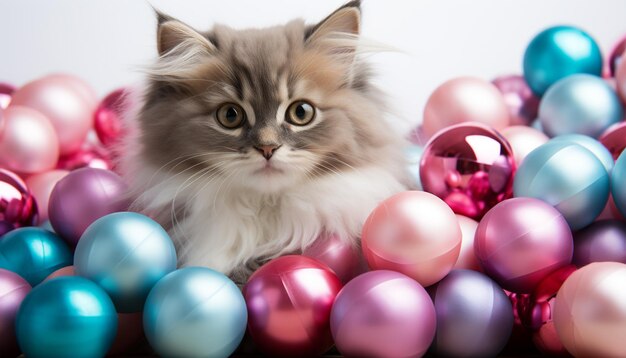 Leuk Katje speelt met een roze kerstversieringsbal gegenereerd door kunstmatige intelligentie