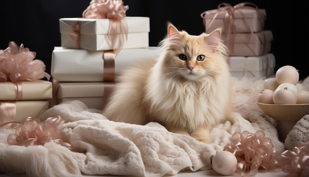 Gratis foto leuk katje zit in geschenkdoos, speels en pluizig gegenereerd door kunstmatige intelligentie