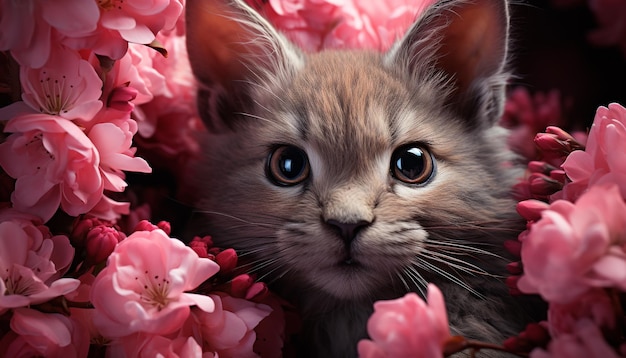 Gratis foto leuk katje zittend kijkend naar camera omgeven door bloemen gegenereerd door kunstmatige intelligentie