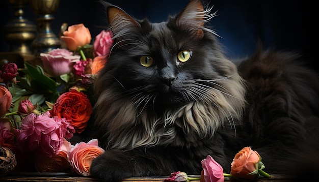 Leuk Katje zittend kijkend naar camera omringd door prachtige bloemen gegenereerd door kunstmatige intelligentie
