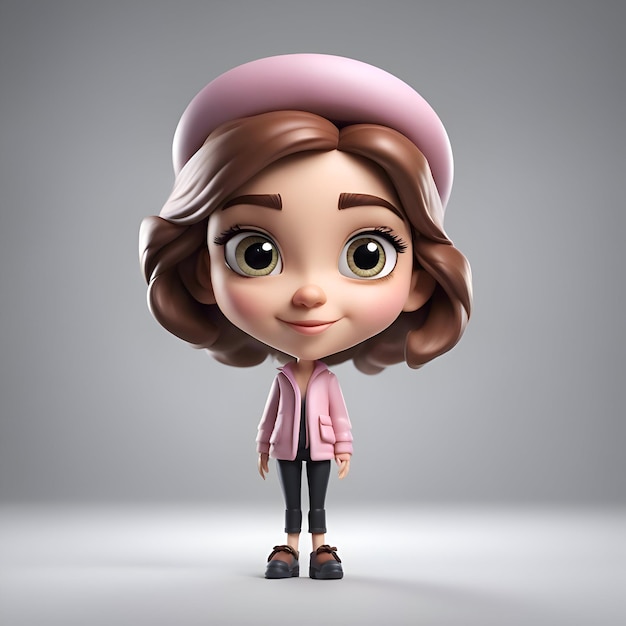 Leuk meisje met baret en roze jurk 3d rendering