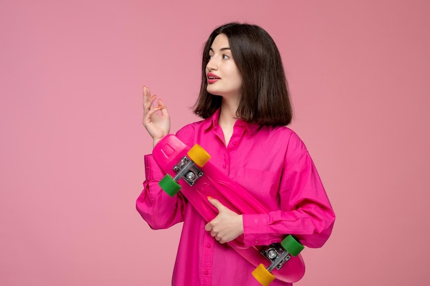 Leuk meisje mooi schattig meisje in roze shirt met rode lippenstift met roze skateboard