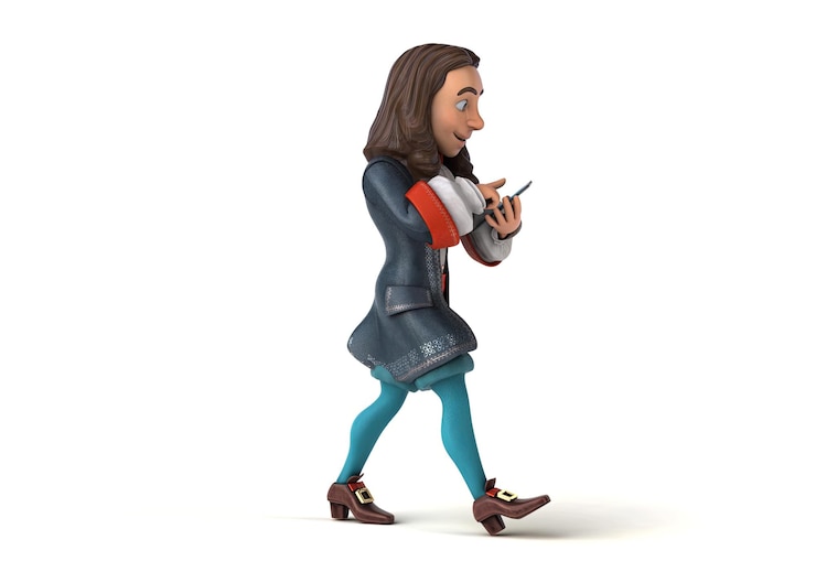 Gratis Foto leuke 3d cartoon barokke heer die loopt met een smartphone