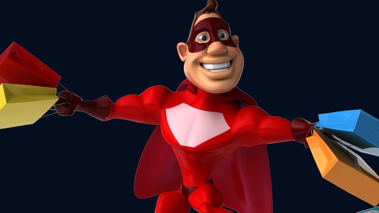 Gratis Foto leuke 3d cartoon superheld surfen en winkelen