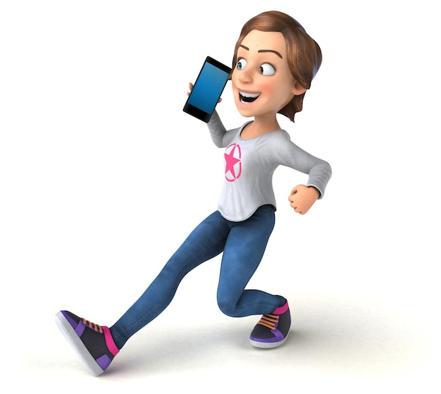 Leuke 3D cartoon tienermeisje met een telefoon