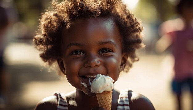 Gratis foto leuke afrikaanse jongen geniet buiten van ijs, gelukkig gegenereerd door ai