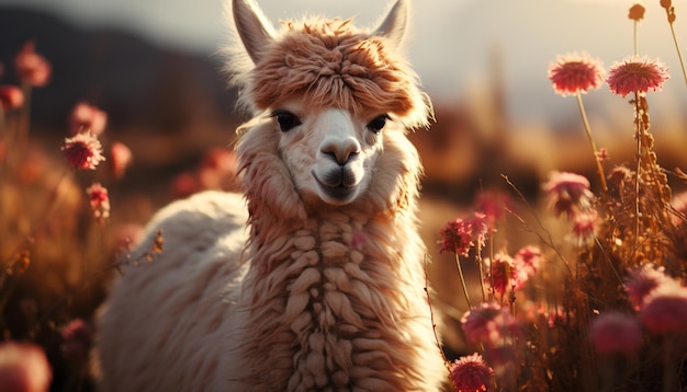 Gratis foto leuke alpaca graast op groene weide en geniet van de zomerzonsondergang gegenereerd door kunstmatige intelligentie