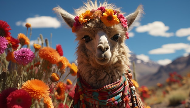 Leuke alpaca in de weide kijkend naar camera omringd door de natuur gegenereerd door kunstmatige intelligentie