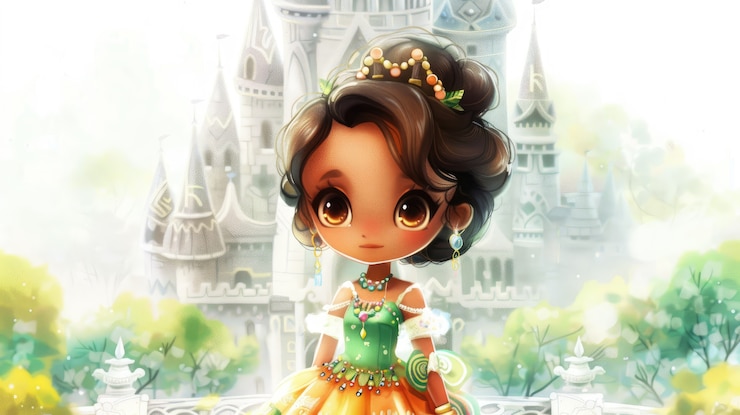 Gratis Foto leuke cartoon prinses met een prachtige natuur.