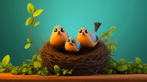 Gratis foto leuke cartoony vogels in een nest